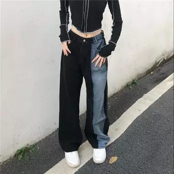 Женские черные джинсы с цветными блоками и контрастными пэчворками, джинсовые брюки, корейская одежда 2023, уличная одежда в стиле Харадзюку, летняя одежда с высокой талией y2k S
