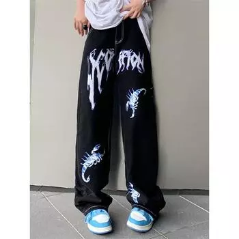 Женские черные джинсы с принтом в стиле хип-хоп, джинсовые брюки, прямые брюки, уличная одежда в стиле Харадзюку, y2k, панк, хиппи, готический рок, мешковатые бойфренды, новинка S чёрный