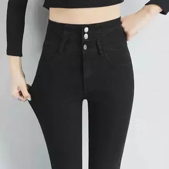 Женские черные джинсы с высокой талией и бархатной подкладкой для осени/зимы 2024 года — облегающие брюки-карандаш 32