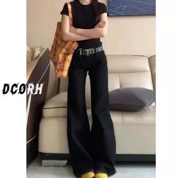 Женские черные джинсы с заниженной талией и широкими штанинами, расклешенные — большой размер, свободный крой, весна и осень M [Recommended for 90-103 lbs]