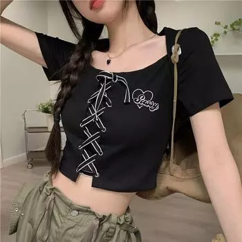 Женские черные футболки для девочек Y2K, футболки с квадратным воротником, повседневные футболки с высокой талией и короткими рукавами, сексуальные женские футболки S чёрный
