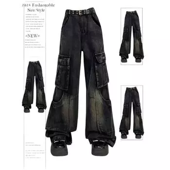Женские черные готические джинсы-карго, винтажные корейские 90-е, эстетические джинсовые брюки Y2k, ковбойские брюки с высокой талией в стиле Харадзюку, одежда 2000-х годов S чёрный