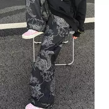 Женские черные готические джинсы с принтом дракона, мешковатые винтажные эстетичные ковбойские брюки, брюки из денима Harajuku 3XL