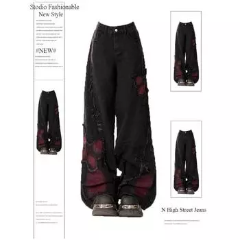 Женские черные готические мешковатые джинсы Harajuku Y2k Эстетические джинсовые брюки с бабочкой Корейские джинсовые брюки Винтажная дрянная одежда 2000-х годов S чёрный