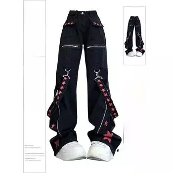 Женские черные готические мешковатые джинсы-карго в стиле Харадзюку, винтажные джинсовые брюки Y2k, ковбойские брюки, 90-е, эстетичная дрянная эмо, одежда 2000-х, новинка S чёрный