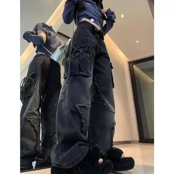 Женские черные готические свободные рабочие джинсы со звездами Harajuku Y2k эстетические винтажные джинсы карманы дизайнерские брюки S чёрный