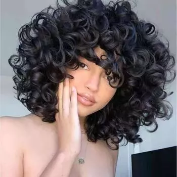 Женские черные короткие вьющиеся волосы 12inch чёрный