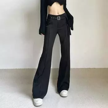 Женские черные костюмные брюки с поясом, легкие длинные расклешенные брюки y2k, одежда с высокой талией, офисные брюки 2023, корейский модный шик