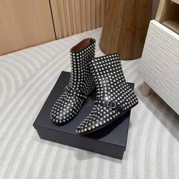 Женские черные кожаные ботильоны с бриллиантами, романтические и модные балетные ботинки на плоской подошве, короткие ботинки 35 чёрный