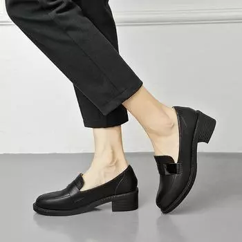 Женские черные кожаные мокасины - British Style 2022, мягкая подошва, толстый каблук, бархат, идеально подходят для весны и осени. 39