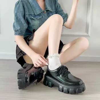 Женские черные кожаные туфли в британском стиле на платформе со шнуровкой и толстой подошвой на весну и осень 2024 г. 38, open edge beads чёрный