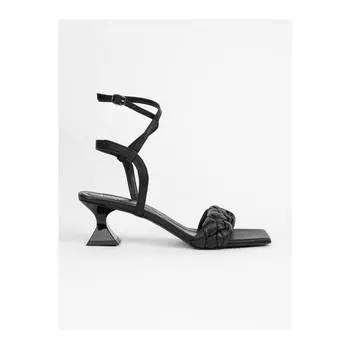 Женские черные кожаные вязаные босоножки на каблуке Marie Комфортные повседневные качественные стильные легкие сандалии