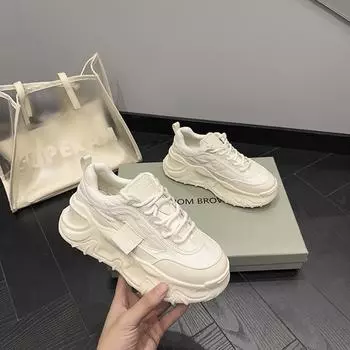 Женские черные кроссовки Dad из натуральной кожи — новые спортивные туфли на платформе 2023 года, повседневная толстая подошва для весны и осени Size 40 чёрный