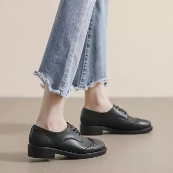 Женские черные мокасины из натуральной кожи осень 2025 в британском стиле с мягкой подошвой и средним каблуком 40