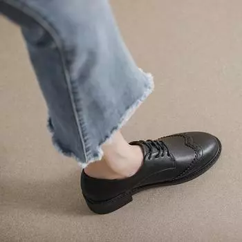 Женские черные мокасины из натуральной кожи на шнуровке - осень 2025 г., британский стиль, мягкая подошва, плоская рабочая обувь 40