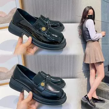 Женские черные мокасины Весенние туфли на толстом каблуке Небольшие кожаные туфли 35 чёрный
