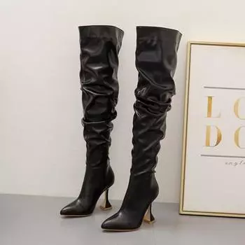 Женские черные плиссированные сапоги выше колена на каблуке цвета бокала, осень/зима 2024, большой размер 40 чёрный
