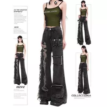 Женские черные потертые джинсы Y2K Harajuku для женщин, брюки, широкие брюки, сплошные прямые летние джинсы 2024 года, прямые мешковатые брюки S чёрный