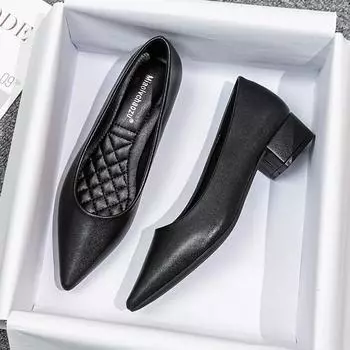 Женские черные рабочие туфли из мягкой кожи с острым носком — удобные для долгих часов работы, универсальные, с толстым каблуком и мягкой подошвой Size 35