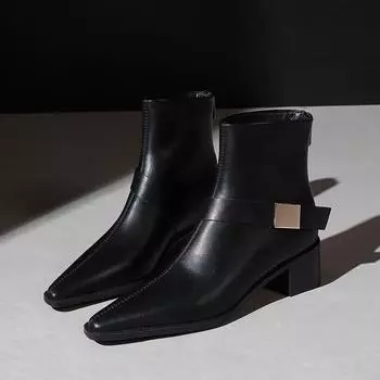 Женские черные сапоги TRAF из выделанной вручную кожи, шикарные остроносые рыцарские сапоги с металлической пряжкой, осенние короткие сапоги в стиле вестерн на толстом каблуке 2024 года 36