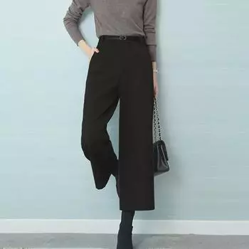 Женские черные шерстяные брюки широкого кроя с поясом - универсальные повседневные брюки Nine-Point на осень/зиму XXL