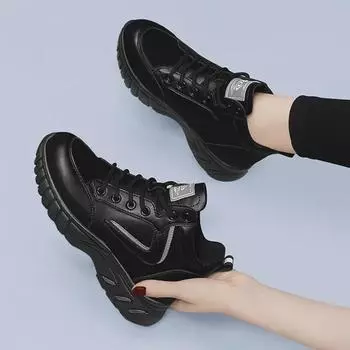 Женские черные спортивные туфли на мягкой подошве — новинка осени/зимы 2024 года, толстая подошва с бархатом, повседневный дизайн из мягкой кожи. EU 37