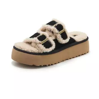 Женские черные тапочки TRAF на толстой подошве, винтажные туфли из искусственной шерсти на толстом каблуке, плоские туфли 2024 года, повседневные удобные тапочки для отдыха на природе 36