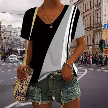 Женские черные топы с v-образным вырезом и коротким рукавом с принтом, свободная футболка, повседневная блузка XS чёрный