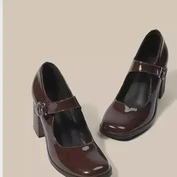 Женские черные туфли Мэри Джейн из искусственной кожи в стиле ретро 2024 года с толстым каблуком и квадратным носком Size 39 чёрный