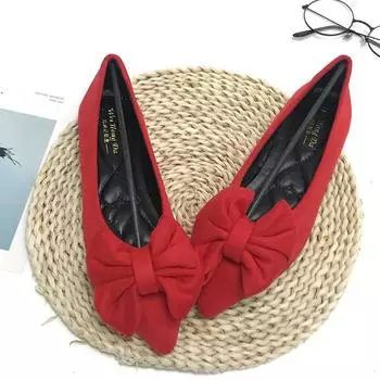 Женские черные туфли на плоской подошве с большим бантом на низком каблуке в китайском стиле, красные свадебные туфли с острым носком, размер 33–45, кожаные универсальные сладкие мокасины 35 красный