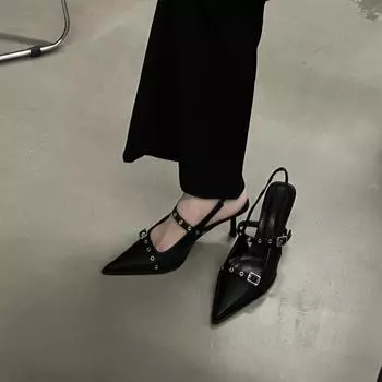 Женские черные туфли на высоком каблуке с пряжкой на ремне Royal Sister Character, кожаные туфли с полостью небольшого размера ~ носки, сандалии 7 см 34