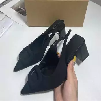 Женские черные туфли на высоком каблуке TRAF, шикарные офисные туфли на каблуке с открытой пяткой, 2024, весенние женские свадебные туфли на толстом каблуке, пуанты 36