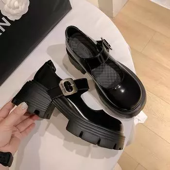 Женские черные универсальные туфли Мэри Джейн из натуральной кожи в консервативном стиле на массивном каблуке, маленькая кожаная обувь на платформе, туфли JK 34 чёрный