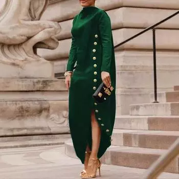 Женские черные вечерние платья на пуговицах с разрезом по бокам, высоким воротом и длинными рукавами, оригинальное длинное платье на день рождения для женщин S чёрный