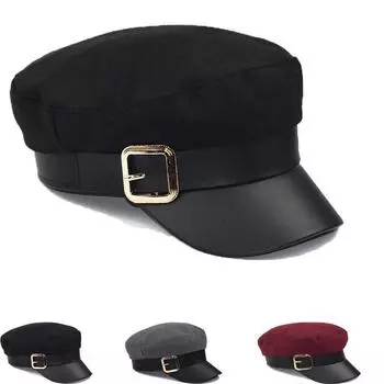 Женские черные военные шляпы осень-зима мода шерсть искусственная кожа пэчворк кепки газетчика с поясом женские горры чёрный