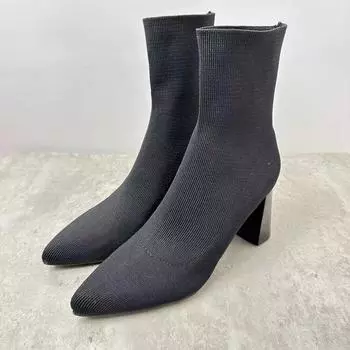 Женские черные вязаные сапоги на высоком каблуке TRAF, винтажные ботильоны с острым носком и грубым каблуком, осенние элегантные женские сапоги на каблуке 36