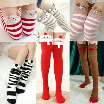 Женские чулки для ног, теплые носки из кораллового флиса, длинные выше колена, пушистые, зимние Panda