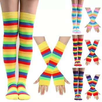 Женские чулки до бедра, комплект перчаток с рукавами для девочек, черные, белые полосатые длинные гольфы выше колена, косплей Лолита красный