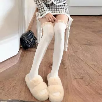 Женские чулки до бедра весна осень черно-белые кружевные длинные носки японский стиль девушки JK Лолита гольфы гетры One Size белый