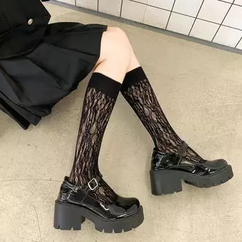 Женские чулки, дышащие, нейлоновые, длинные носки, чулки, женские, JK Lolita Girl, сексуальные, кружевные, сетчатые, чулки, гольфы чёрный