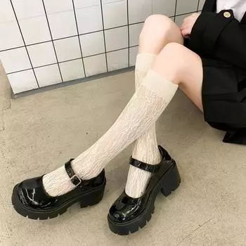 Женские чулки, дышащие, нейлоновые, длинные носки, чулки, женские, JK Lolita Girl, сексуальные, кружевные, сетчатые, чулки, гольфы чёрный