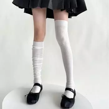 Женские чулки из хлопка, тонкие, дышащие, гольфы, высокие носки, школьные носки для девочек, однотонные, длинные, высокие носки One Size белый