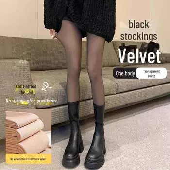 Женские чулки из плотного бархата с эффектом телесного цвета на весну и осень 90g lint-free with feet чёрный/чистый