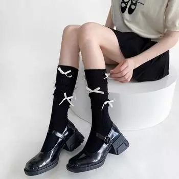 Женские чулки из трикотажного хлопка в японском стиле, однотонные длинные носки, чулки с милым бантом JK Lolita Sweet Girls Kawaii, гольфы