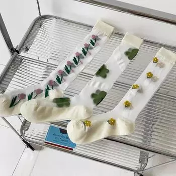 Женские чулки летние ультратонкие прозрачные шелковые носки чулки с цветочным принтом Лолита Кавайи милые гольфы чулки