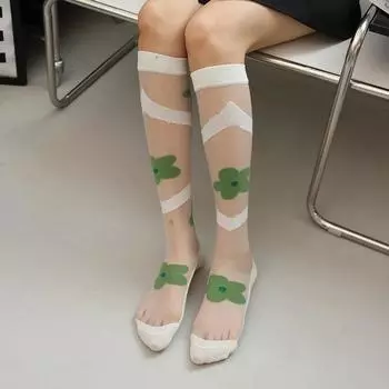 Женские чулки летние ультратонкие прозрачные шелковые носки чулки с цветочным принтом Лолита Кавайи милые гольфы чулки