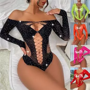 Женские чулки с алмазной рыболовной сетью, нижнее белье Babydoll, одежда для сна, боди, черное белье, комбинезон с открытой спиной One size чёрный