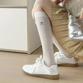 Женские чулки с вышивкой бантом, милые женские гольфы в стиле Лолиты и Кавайи, однотонные черные, белые, серые, длинные носки, чулки