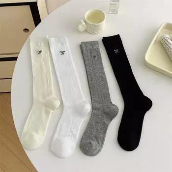 Женские чулки с вышивкой бантом, милые женские гольфы в стиле Лолиты и Кавайи, однотонные черные, белые, серые, длинные носки, чулки