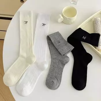 Женские чулки с вышивкой бантом, милые женские гольфы в стиле Лолиты и Кавайи, однотонные черные, белые, серые, длинные носки, чулки